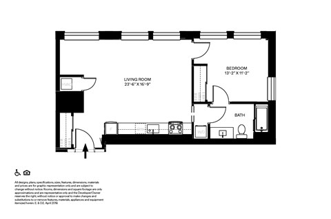 Floor plan for 1 bed, 1 bath, 659 sqft